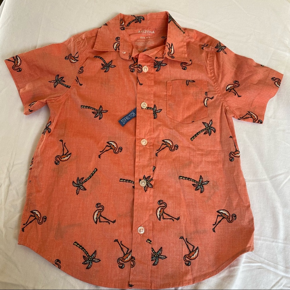 Arizona Jean Co Coral Flamingo Palm Print Button Down Shirt NWOT 4/5
